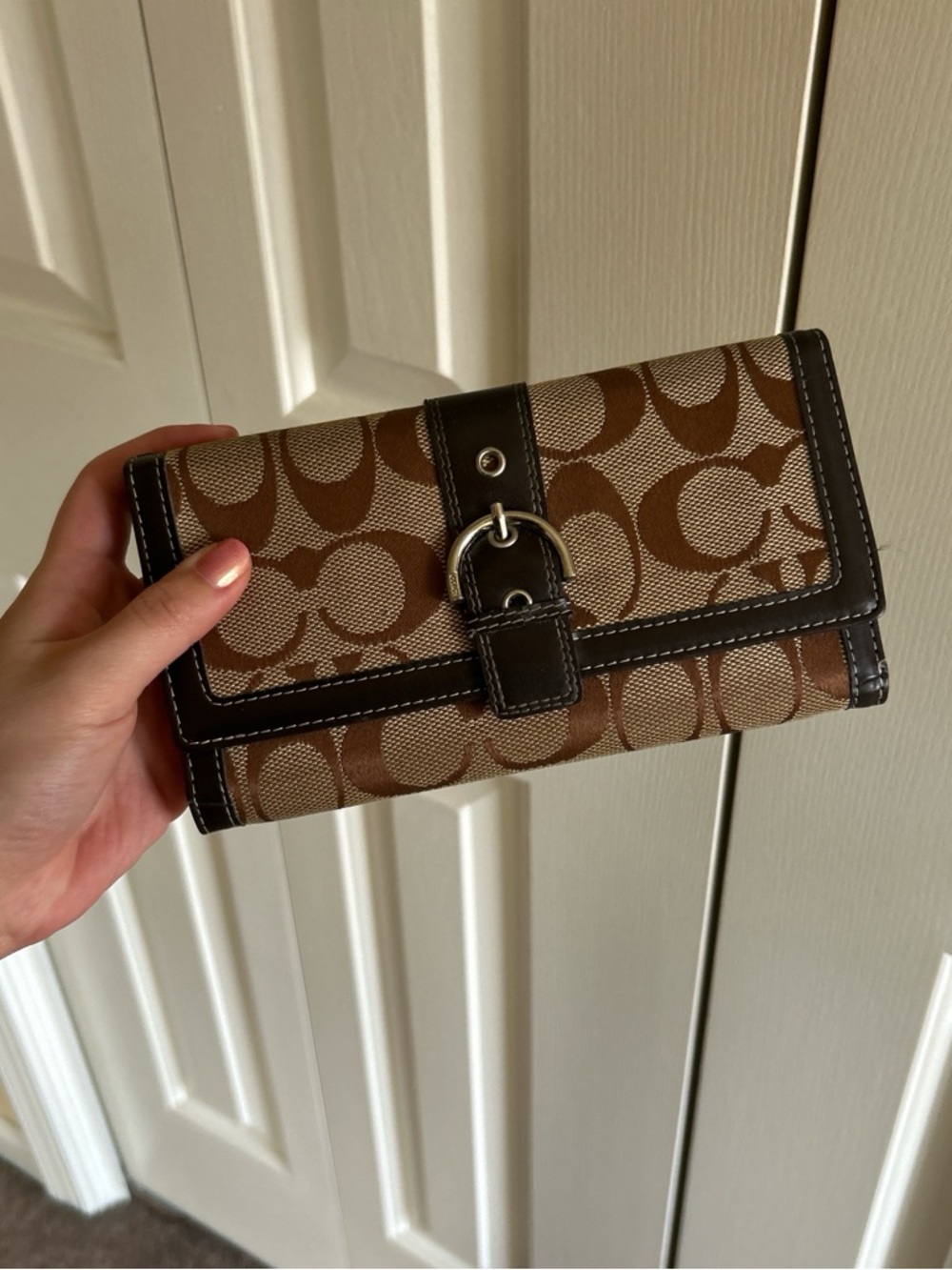 Coach Brown Signature Canvas Buckle Wallet